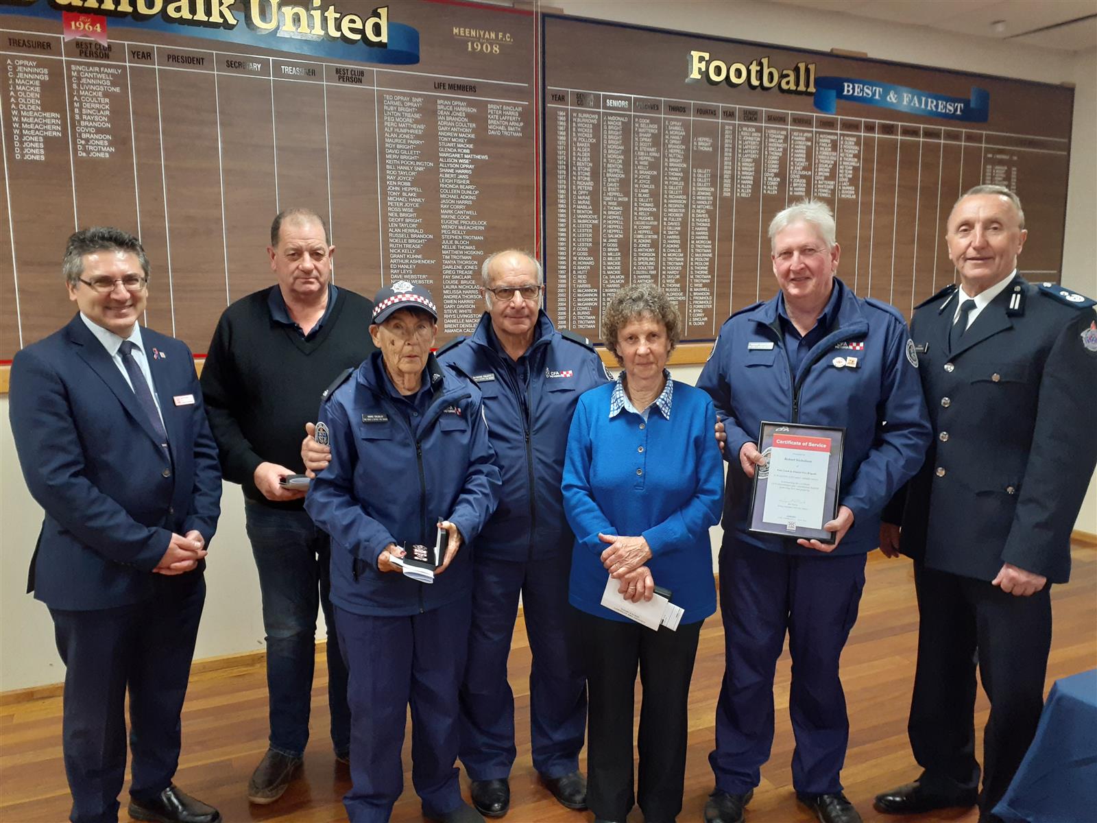 Fish Creek & District recipients included, second from left, Gordon Pulham, who collected his father Neville Pulham’s 70 year medal, Marg Grumley (35 years), Captain Ray Poletti, Glenys Thompson (15 years) and Rob Nicholson (5 years), with CFO Sam Co